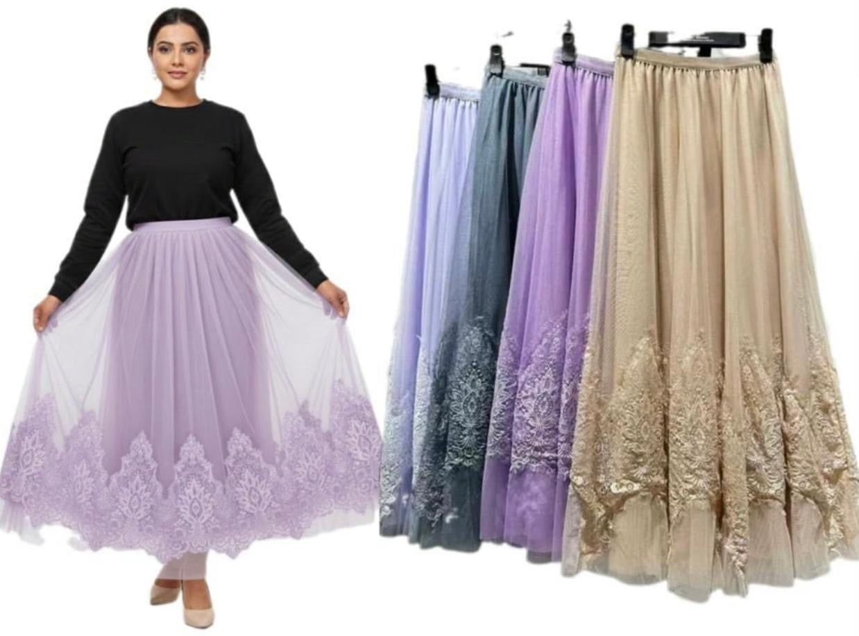 Lace Hem Tulle Midi Skirt