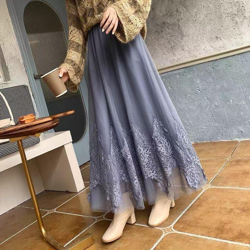 Lace Hem Tulle Midi Skirt